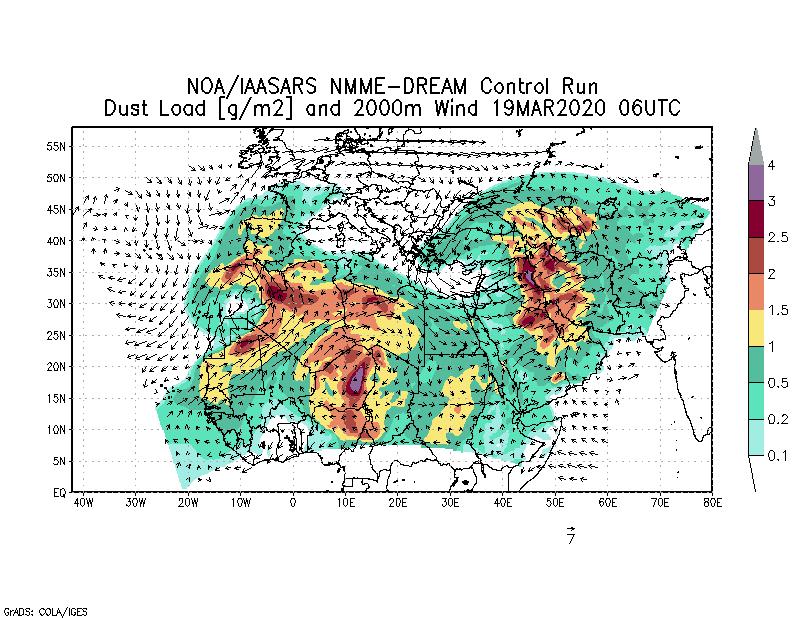 Dust load [g/m2] and 2000m Wind - 2020-03-19 06:00