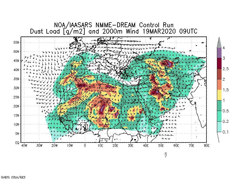 Dust load [g/m2] and 2000m Wind - 2020-03-19 09:00