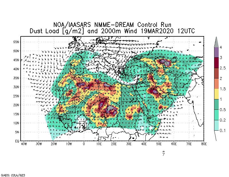 Dust load [g/m2] and 2000m Wind - 2020-03-19 12:00