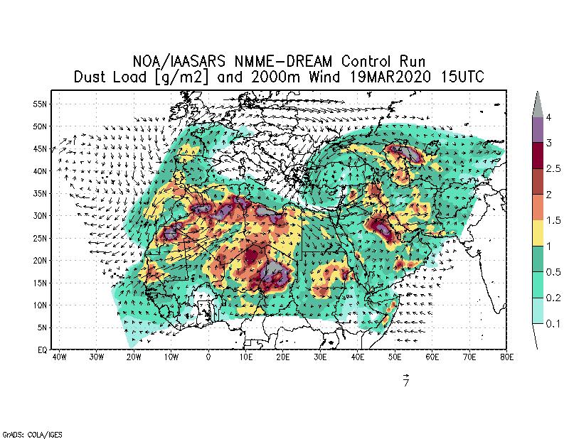 Dust load [g/m2] and 2000m Wind - 2020-03-19 15:00