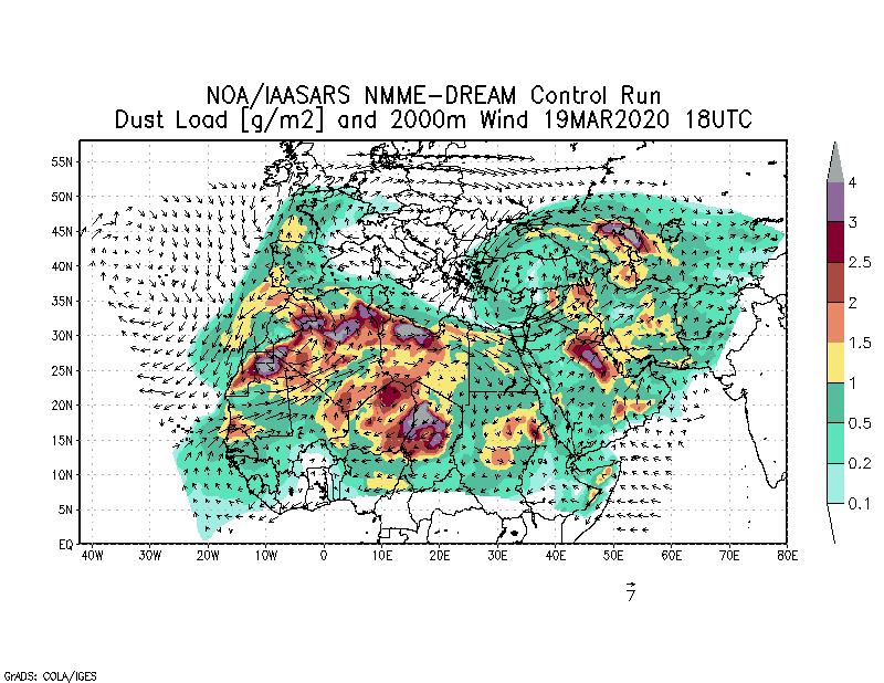 Dust load [g/m2] and 2000m Wind - 2020-03-19 18:00