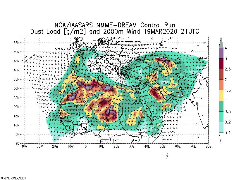 Dust load [g/m2] and 2000m Wind - 2020-03-19 21:00