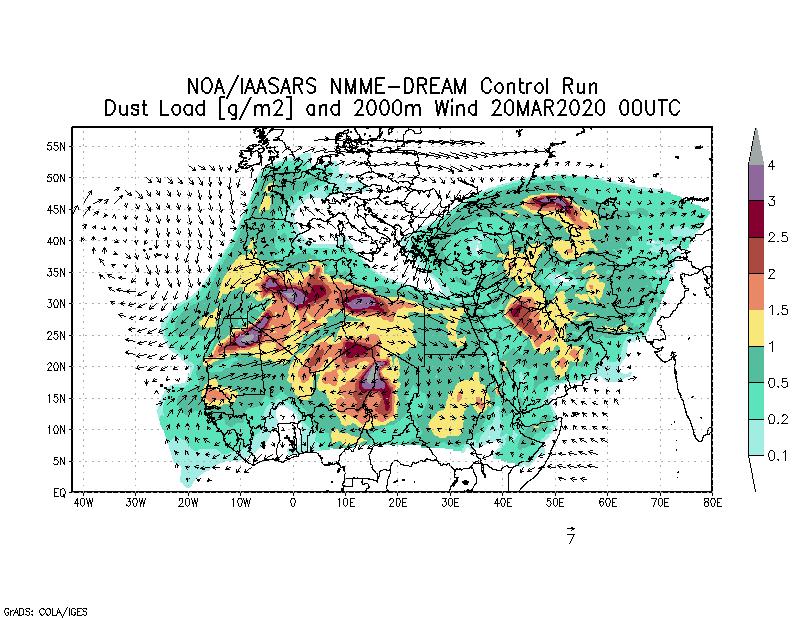 Dust load [g/m2] and 2000m Wind - 2020-03-20 00:00