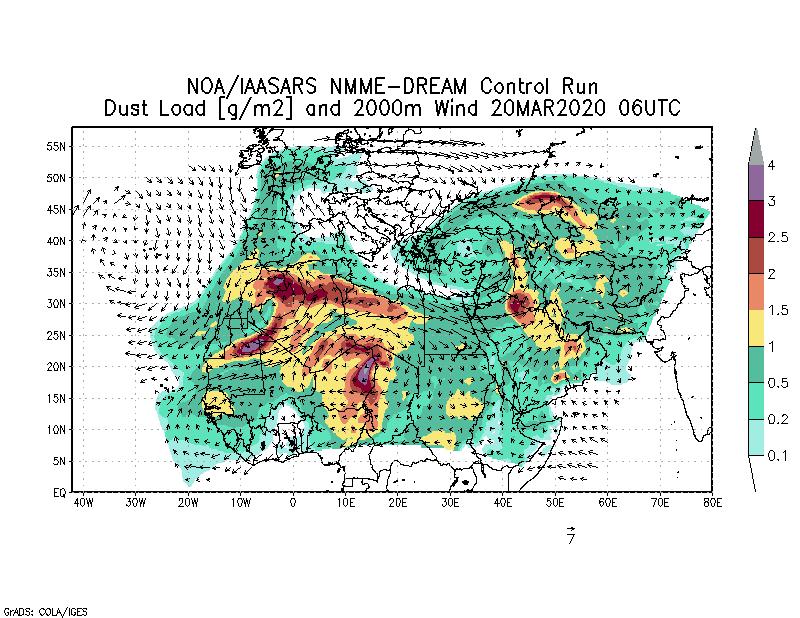 Dust load [g/m2] and 2000m Wind - 2020-03-20 06:00