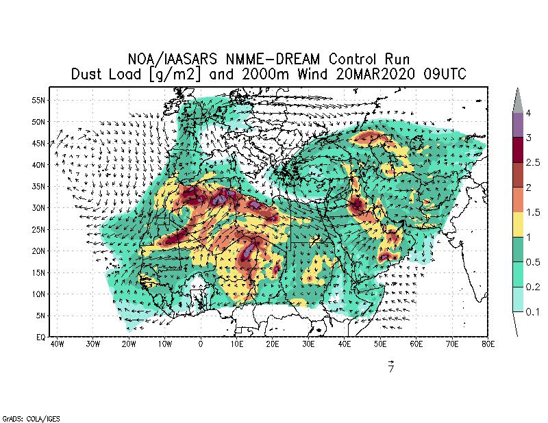 Dust load [g/m2] and 2000m Wind - 2020-03-20 09:00