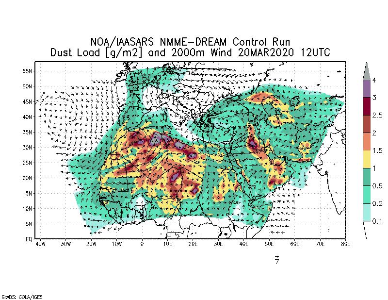 Dust load [g/m2] and 2000m Wind - 2020-03-20 12:00