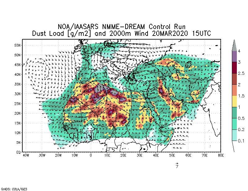 Dust load [g/m2] and 2000m Wind - 2020-03-20 15:00