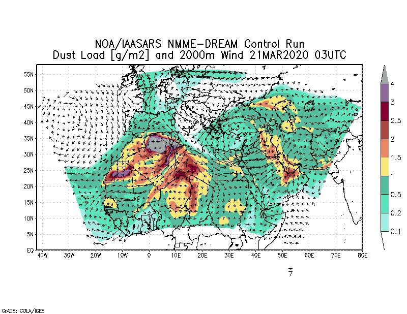 Dust load [g/m2] and 2000m Wind - 2020-03-21 03:00