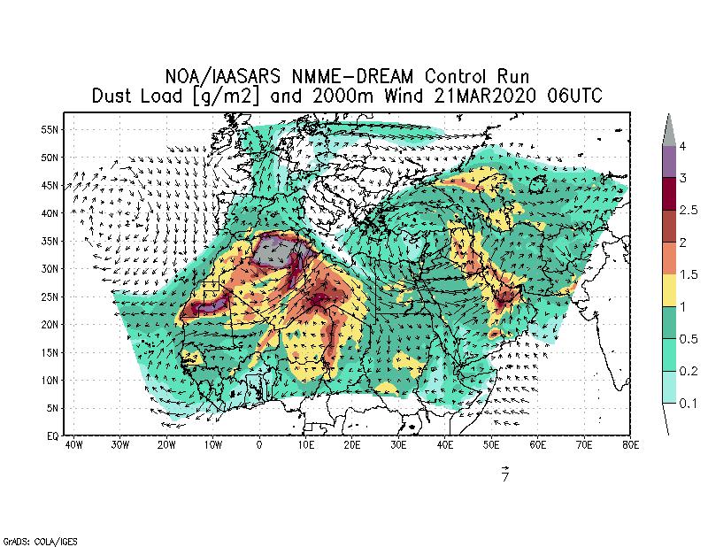 Dust load [g/m2] and 2000m Wind - 2020-03-21 06:00