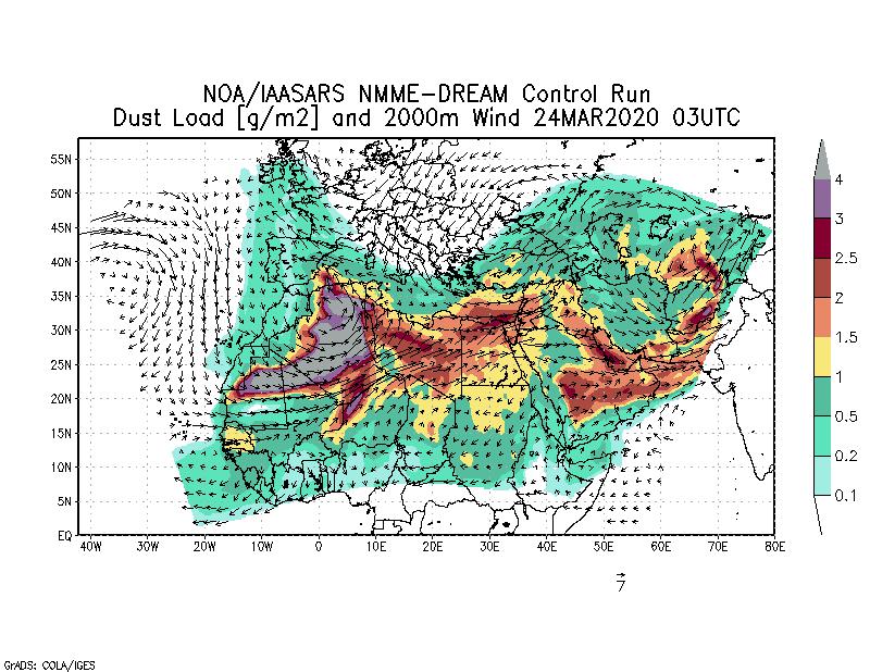 Dust load [g/m2] and 2000m Wind - 2020-03-24 03:00