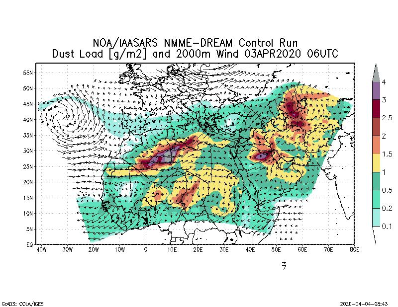 Dust load [g/m2] and 2000m Wind - 2020-04-03 06:00