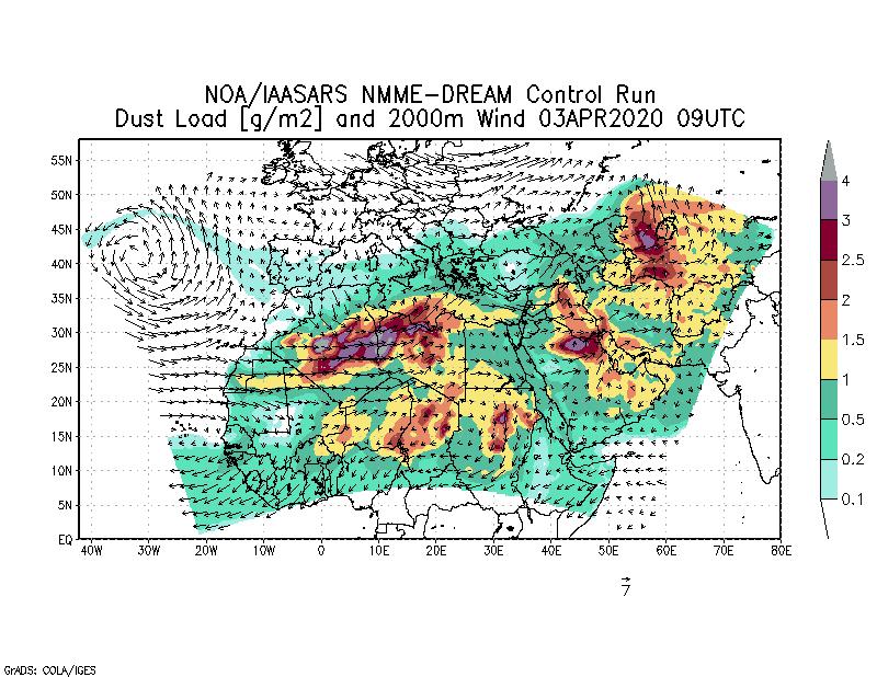 Dust load [g/m2] and 2000m Wind - 2020-04-03 09:00