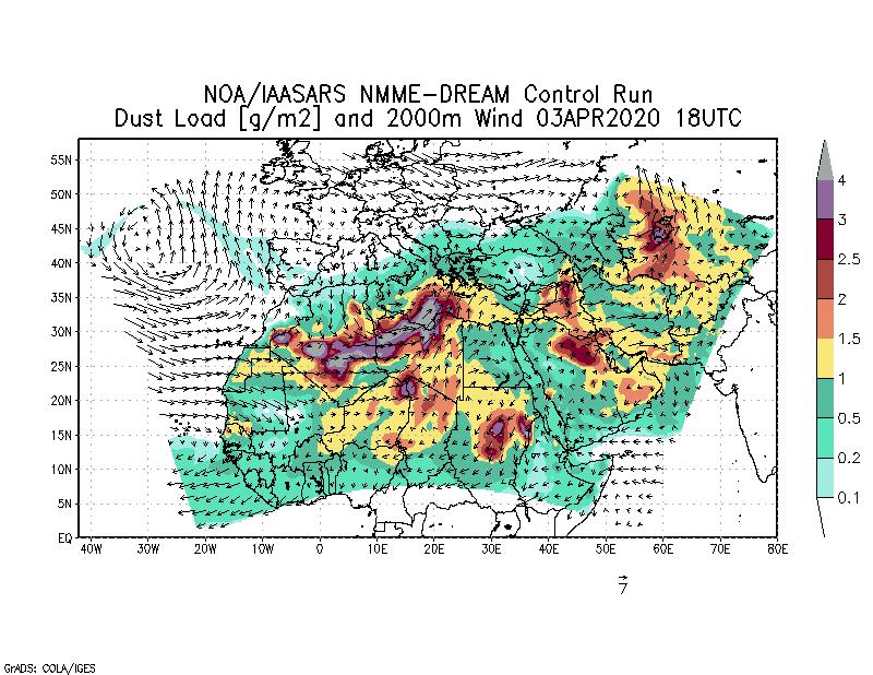 Dust load [g/m2] and 2000m Wind - 2020-04-03 18:00