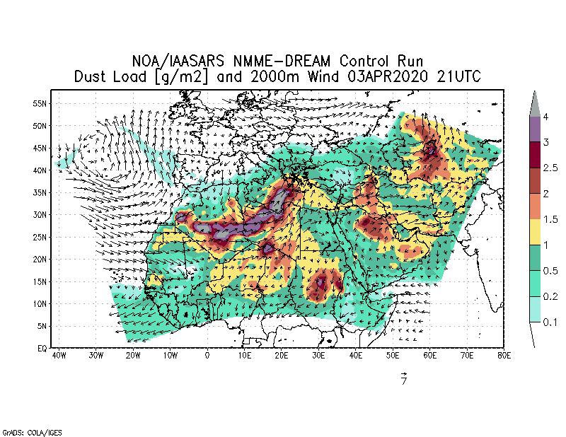 Dust load [g/m2] and 2000m Wind - 2020-04-03 21:00