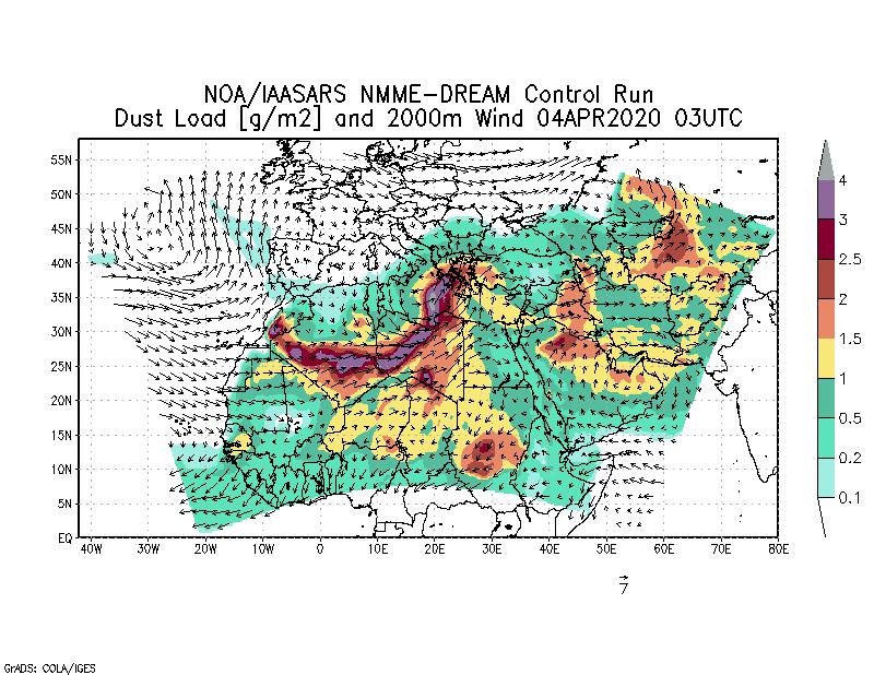 Dust load [g/m2] and 2000m Wind - 2020-04-04 03:00