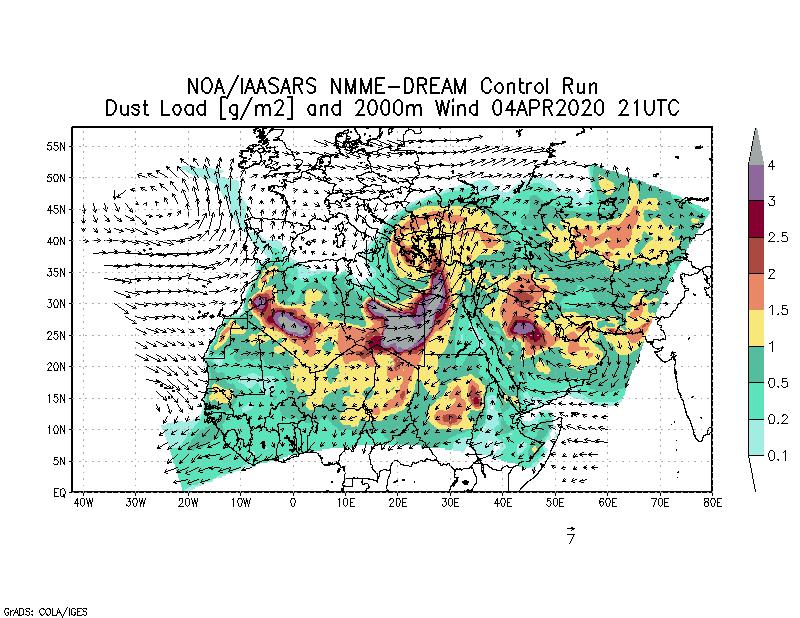 Dust load [g/m2] and 2000m Wind - 2020-04-04 21:00