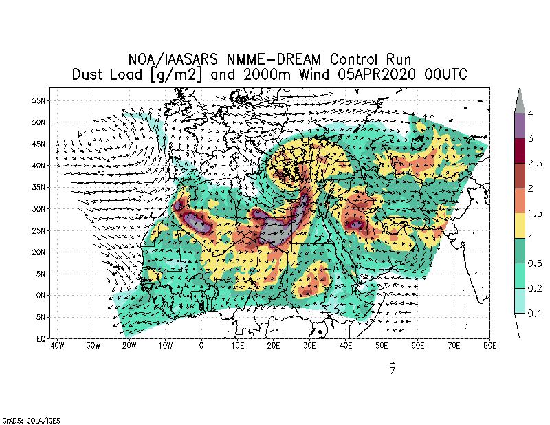 Dust load [g/m2] and 2000m Wind - 2020-04-05 00:00