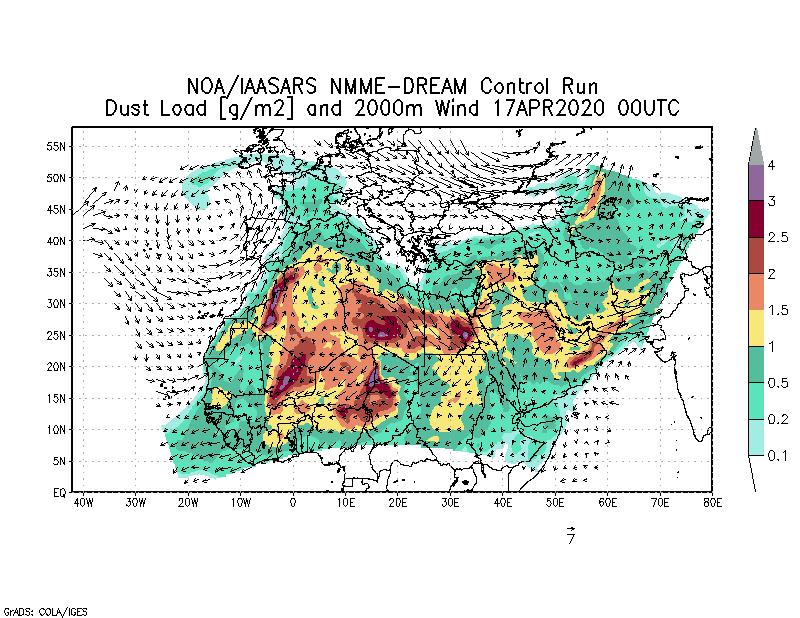 Dust load [g/m2] and 2000m Wind - 2020-04-17 00:00