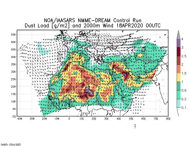 Dust load [g/m2] and 2000m Wind - 2020-04-18 00:00