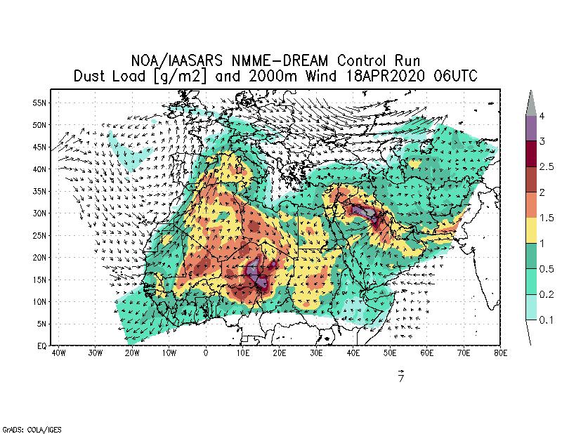 Dust load [g/m2] and 2000m Wind - 2020-04-18 06:00