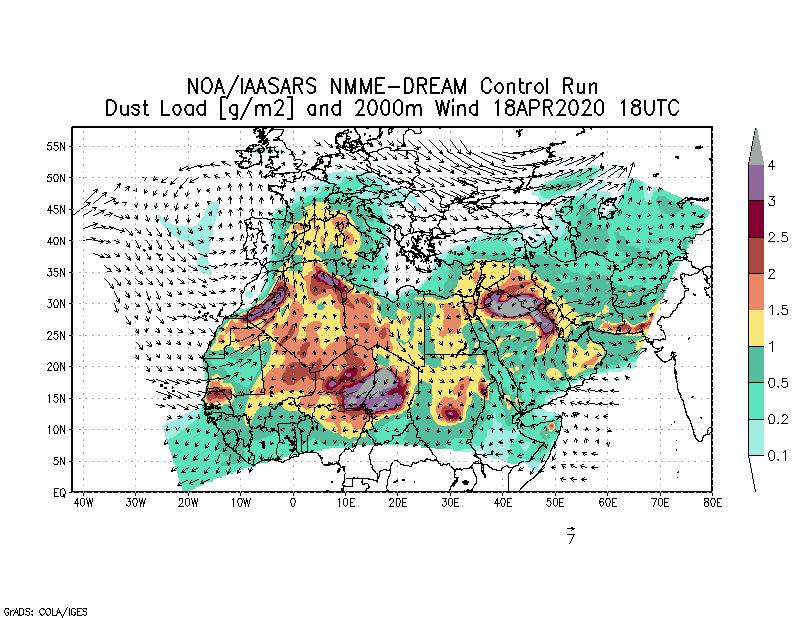 Dust load [g/m2] and 2000m Wind - 2020-04-18 18:00