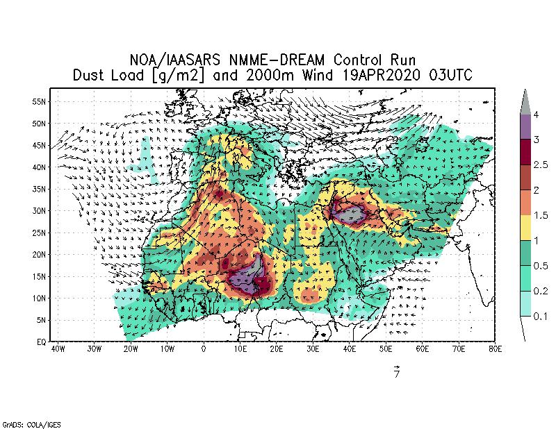 Dust load [g/m2] and 2000m Wind - 2020-04-19 03:00