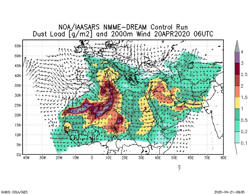 Dust load [g/m2] and 2000m Wind - 2020-04-20 06:00