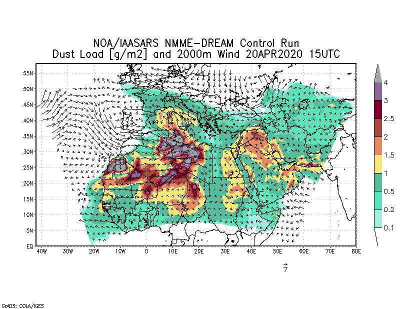 Dust load [g/m2] and 2000m Wind - 2020-04-20 15:00