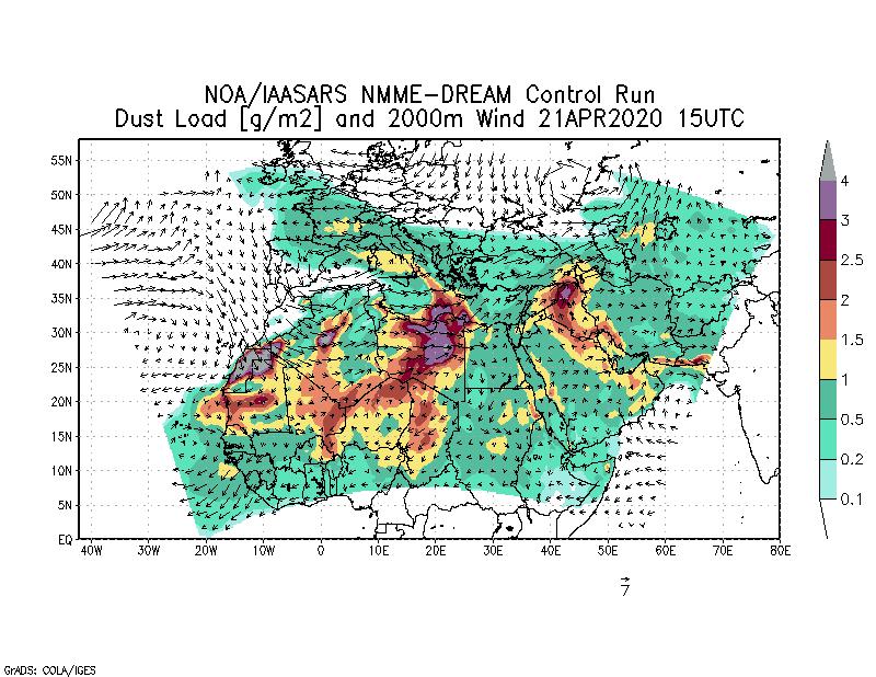 Dust load [g/m2] and 2000m Wind - 2020-04-21 15:00