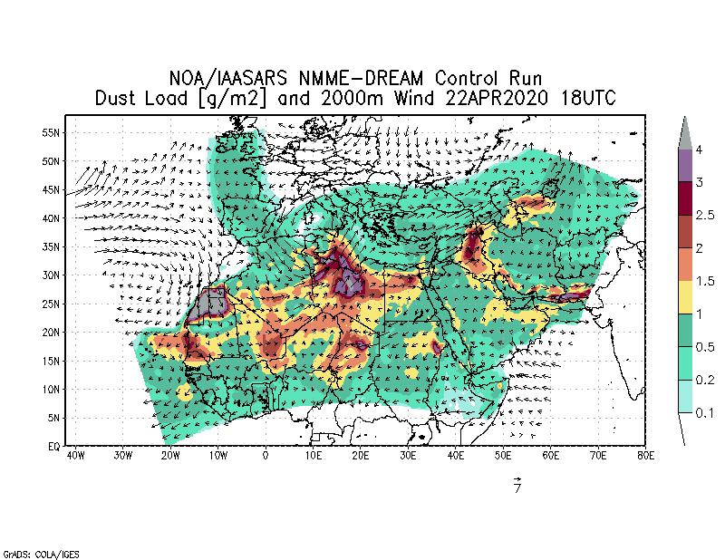 Dust load [g/m2] and 2000m Wind - 2020-04-22 18:00