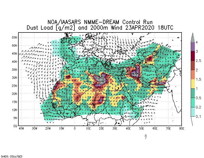 Dust load [g/m2] and 2000m Wind - 2020-04-23 18:00