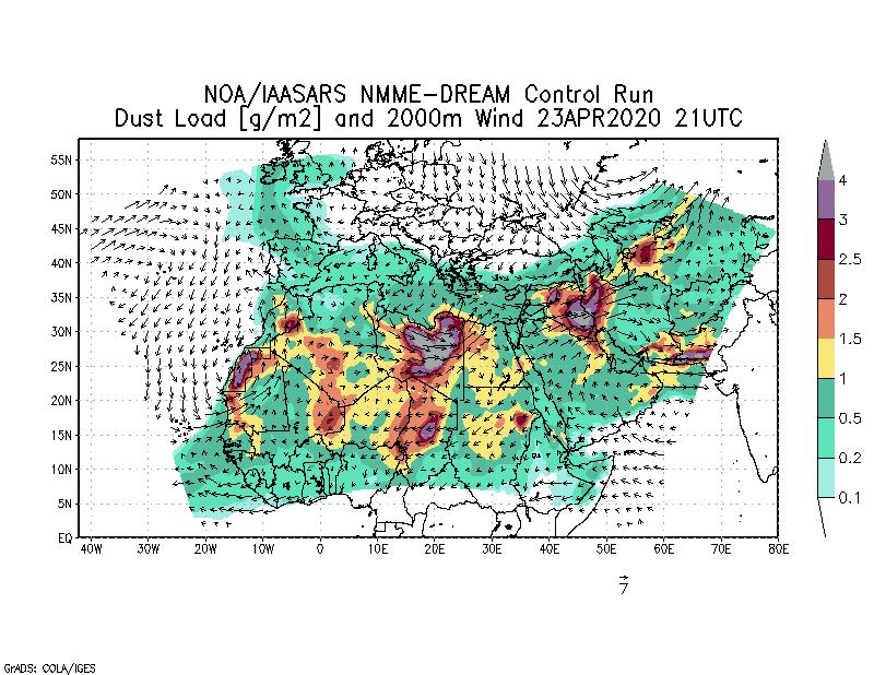 Dust load [g/m2] and 2000m Wind - 2020-04-23 21:00