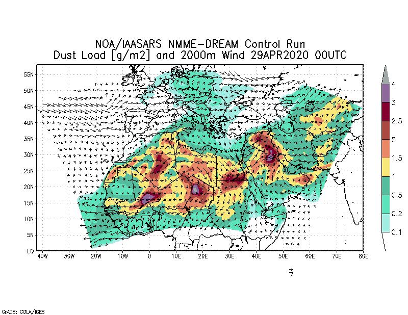 Dust load [g/m2] and 2000m Wind - 2020-04-29 00:00