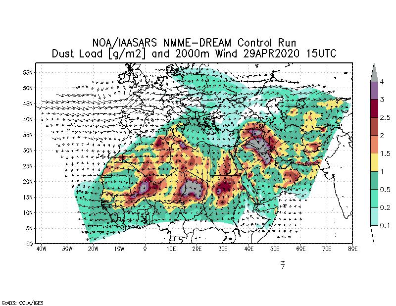 Dust load [g/m2] and 2000m Wind - 2020-04-29 15:00