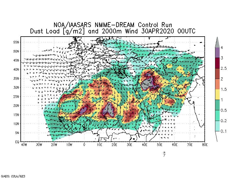 Dust load [g/m2] and 2000m Wind - 2020-04-30 00:00