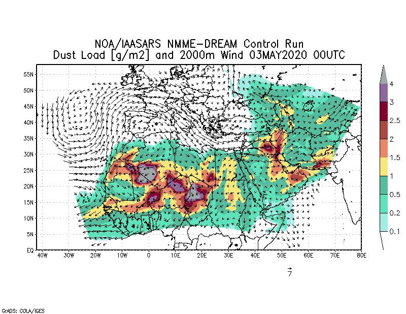 Dust load [g/m2] and 2000m Wind - 2020-05-03 00:00