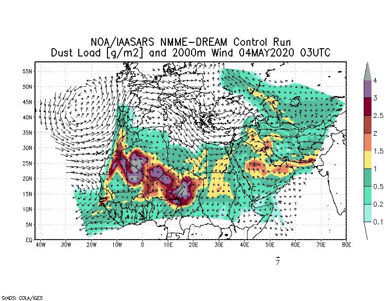 Dust load [g/m2] and 2000m Wind - 2020-05-04 03:00