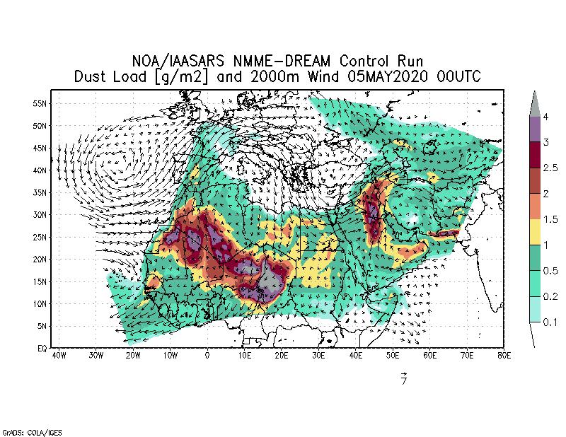 Dust load [g/m2] and 2000m Wind - 2020-05-05 00:00