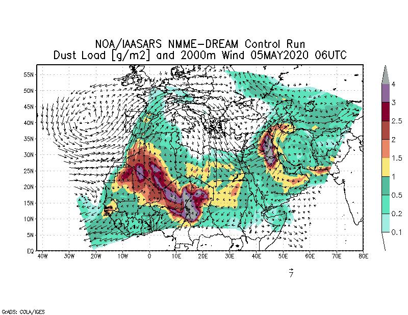 Dust load [g/m2] and 2000m Wind - 2020-05-05 06:00