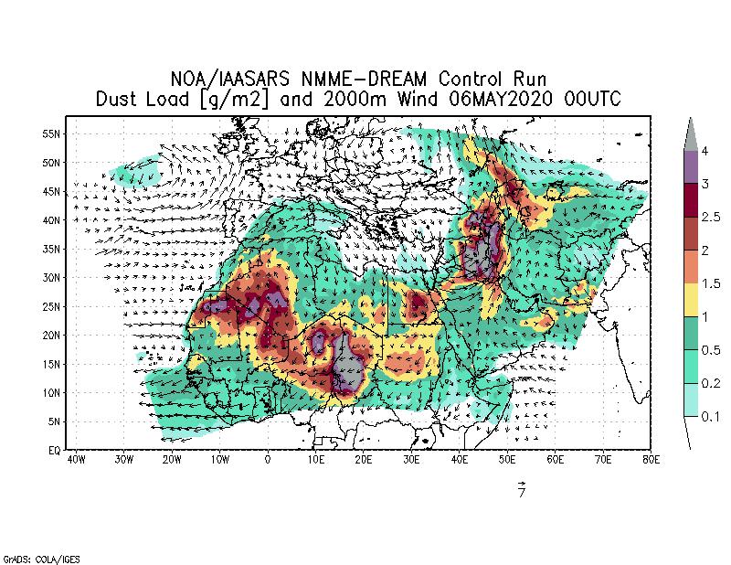 Dust load [g/m2] and 2000m Wind - 2020-05-06 00:00