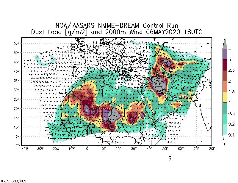 Dust load [g/m2] and 2000m Wind - 2020-05-06 18:00