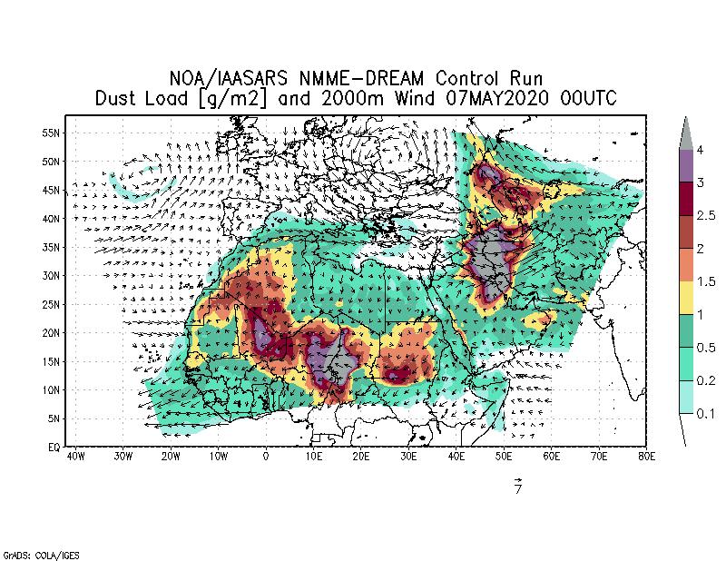 Dust load [g/m2] and 2000m Wind - 2020-05-07 00:00