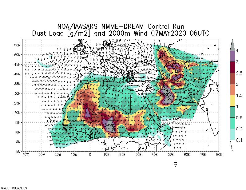 Dust load [g/m2] and 2000m Wind - 2020-05-07 06:00