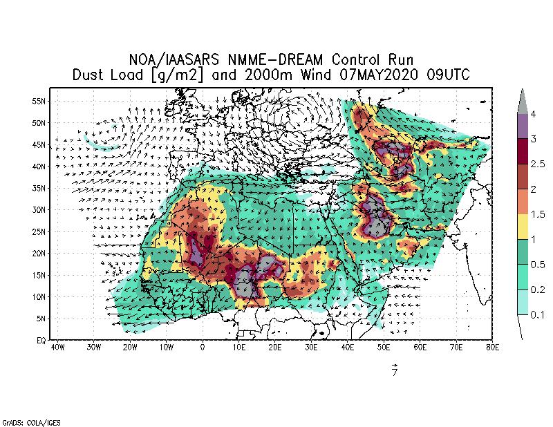 Dust load [g/m2] and 2000m Wind - 2020-05-07 09:00