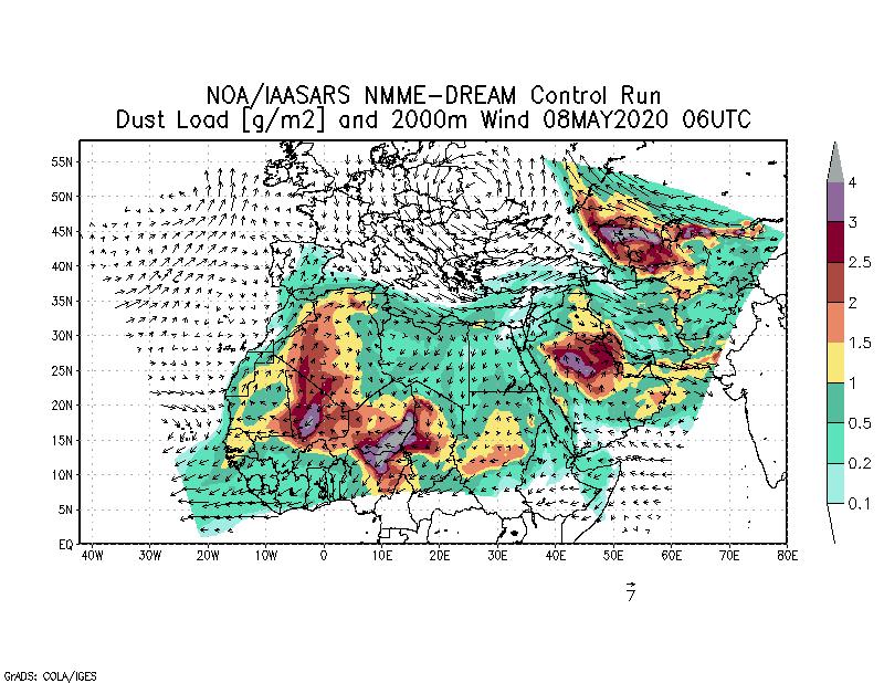 Dust load [g/m2] and 2000m Wind - 2020-05-08 06:00