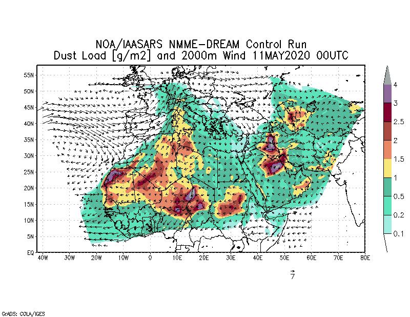 Dust load [g/m2] and 2000m Wind - 2020-05-11 00:00