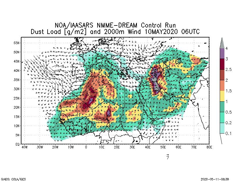 Dust load [g/m2] and 2000m Wind - 2020-05-10 06:00