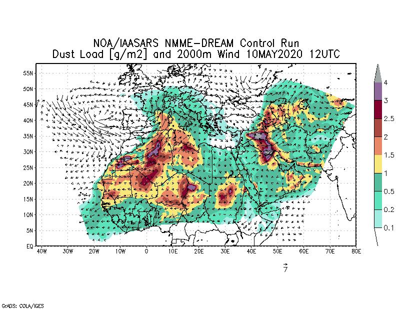 Dust load [g/m2] and 2000m Wind - 2020-05-10 12:00