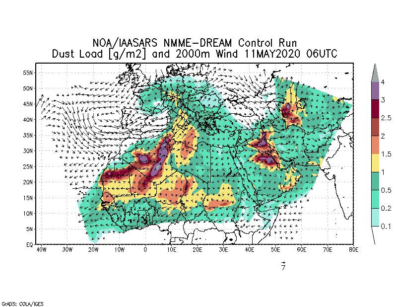 Dust load [g/m2] and 2000m Wind - 2020-05-11 06:00