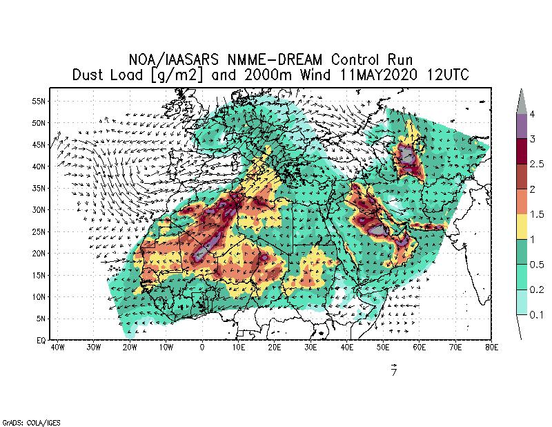 Dust load [g/m2] and 2000m Wind - 2020-05-11 12:00